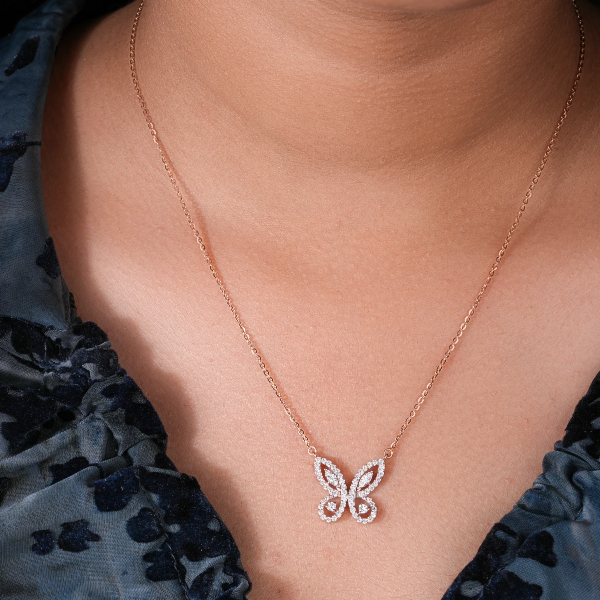 Butterfly rose diamond gold necklace